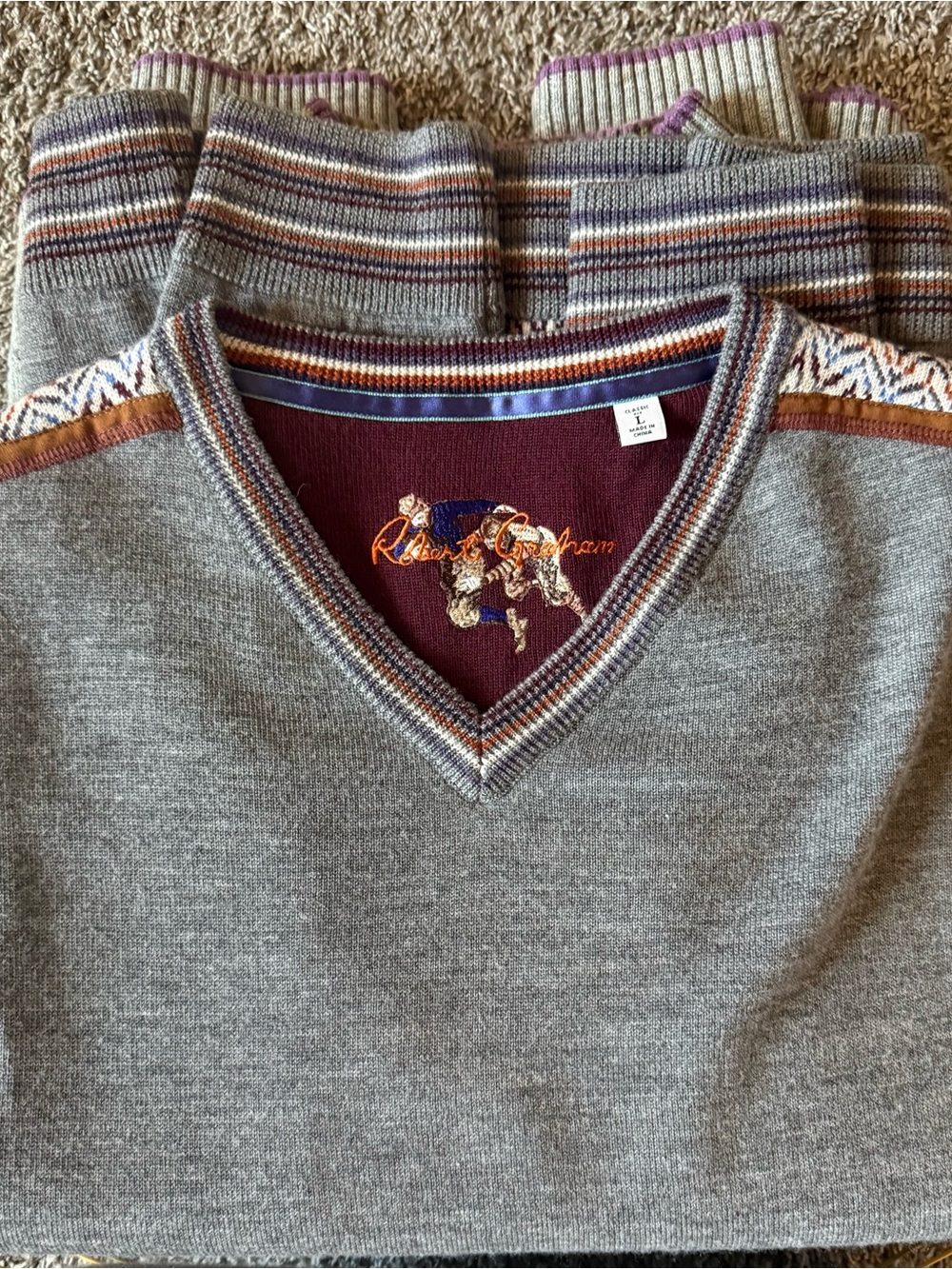 Robert Graham Gray V-Neck Sweater with Burgundy Neckline and Multicolor Trim